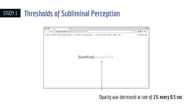FirstWordSecondWord
Opacity was decreased at rate of 1% every 0.5 sec
STUDY 1 Thresholds of Subliminal Perception
