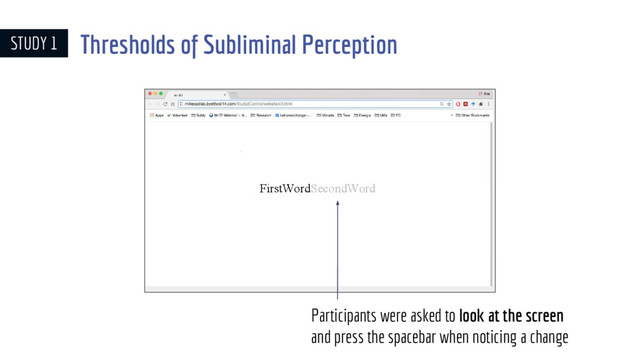 FirstWordSecondWord
Participants were asked to look at the screen
and press the spacebar when noticing a change
STUDY 1 Thresholds of Subliminal Perception

