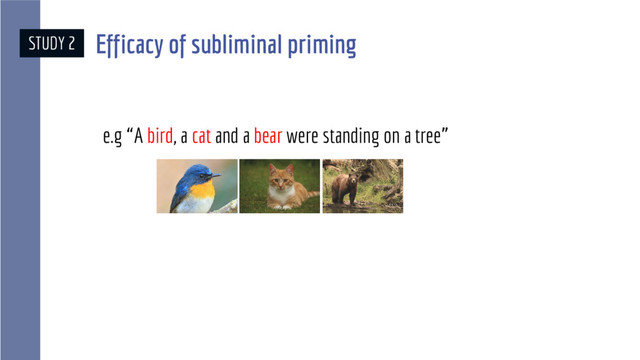 STUDY 2
e.g “A bird, a cat and a bear were standing on a tree”
Efficacy of subliminal priming
