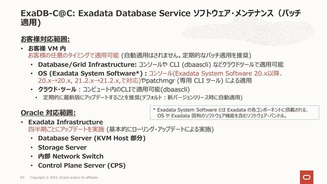 お客様対応範囲:
• お客様 VM 内
お客様の任意のタイミングで適⽤可能 (⾃動適⽤はされません。定期的なパッチ適⽤を推奨)
• Database/Grid Infrastructure: コンソールや CLI (dbaascli) などクラウドツールで適⽤可能
• OS (Exadata System Software*)︓コンソール(Exadata System Software 20.x以降、
20.x→20.x, 21.2.x→21.2.x,で対応)やpatchmgr (専⽤ CLI ツール) による適⽤
• クラウド・ツール : コンピュート内のCLIで適⽤可能(dbaascli)
• 定期的に最新版にアップデートすることを推奨(デフォルト︓新バージョンリリース時に⾃動適⽤)
Oracle 対応範囲:
• Exadata Infrastructure
四半期ごとにアップデートを実施 (基本的にローリング・アップデートによる実施)
• Database Server (KVM Host 部分)
• Storage Server
• 内部 Network Switch
• Control Plane Server (CPS)
ExaDB-C@C: Exadata Database Service ソフトウェア・メンテナンス（パッチ
適⽤)
Copyright © 2023, Oracle and/or its affiliates
82
* Exadata System Software とは Exadata の各コンポーネントに搭載される、
OS や Exadata 固有のソフトウェア機能を含むソフトウェア・バンドル。
