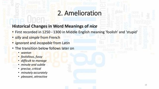 2. Amelioration
19
Historical Changes in Word Meanings of nice
• First recorded in 1250 - 1300 in Middle English meaning 'foolish' and 'stupid'
• silly and simple from French
• ignorant and incapable from Latin
• The transition below follows later on
• wanton
• fastidious, fussy
• difficult to manage
• minute and subtle
• precise, critical
• minutely accurately
• pleasant, attractive
