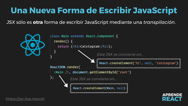 Una Nueva Forma de Escribir JavaScript
JSX sólo es otra forma de escribir JavaScript mediante una transpilación.
https://jsx-live.now.sh
Este JSX se convierte en…
Este JSX se convierte en…

