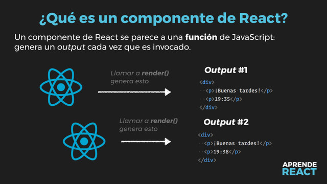 ¿Qué es un componente de React?
Un componente de React se parece a una función de JavaScript:
genera un output cada vez que es invocado.
Output #1
Output #2
Llamar a render()
genera esto
Llamar a render()
genera esto
