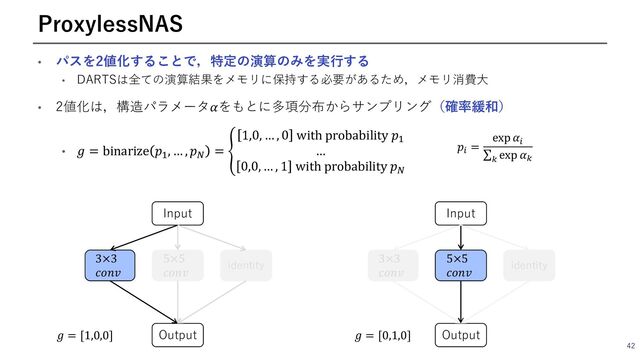 • パスを2値化することで，特定の演算のみを実⾏する
• DARTSは全ての演算結果をメモリに保持する必要があるため，メモリ消費⼤
• 2値化は，構造パラメータ𝛼をもとに多項分布からサンプリング（確率緩和）
• 𝑔 = binarize 𝑝<, … , 𝑝= = X
1,0, … , 0 with probability 𝑝<
…
0,0, … , 1 with probability 𝑝=
42
ProxylessNAS
Input
3×3
𝑐𝑜𝑛𝑣
5×5
𝑐𝑜𝑛𝑣
identity
Output
Input
3×3
𝑐𝑜𝑛𝑣
5×5
𝑐𝑜𝑛𝑣
identity
Output
𝑝:
=
exp 𝛼:
∑;
exp 𝛼;
𝑔 = [1,0,0] 𝑔 = [0,1,0]

