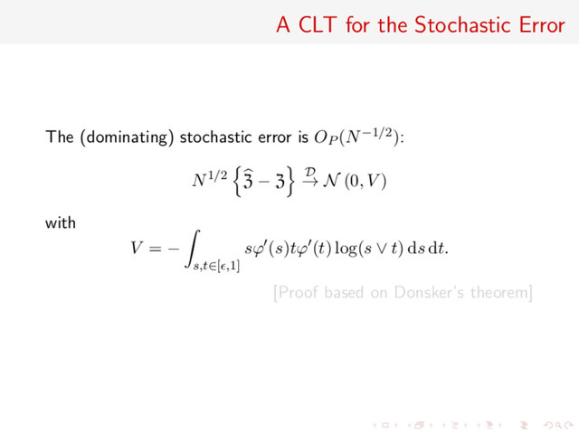 A CLT for the Stochastic Error
The (dominating) stochastic error is OP (N−1/2):
N1/2 Z − Z D
→ N (0, V )
with
V = −
s,t∈[ ,1]
sϕ (s)tϕ (t) log(s ∨ t) ds dt.
[Proof based on Donsker’s theorem]
