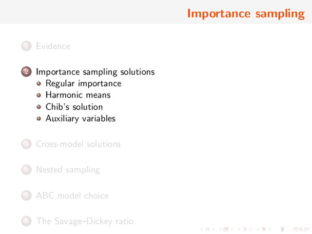 Importance sampling
1 Evidence
2 Importance sampling solutions
Regular importance
Harmonic means
Chib’s solution
Auxiliary variables
3 Cross-model solutions
4 Nested sampling
5 ABC model choice
6 The Savage–Dickey ratio
