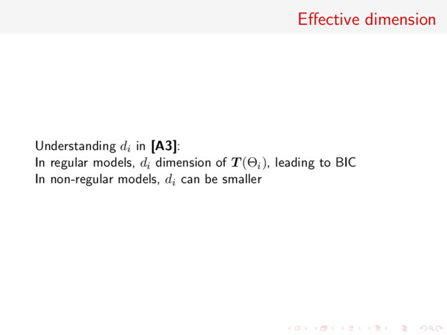 Eﬀective dimension
Understanding di in [A3]:
In regular models, di dimension of T (Θi), leading to BIC
In non-regular models, di can be smaller
