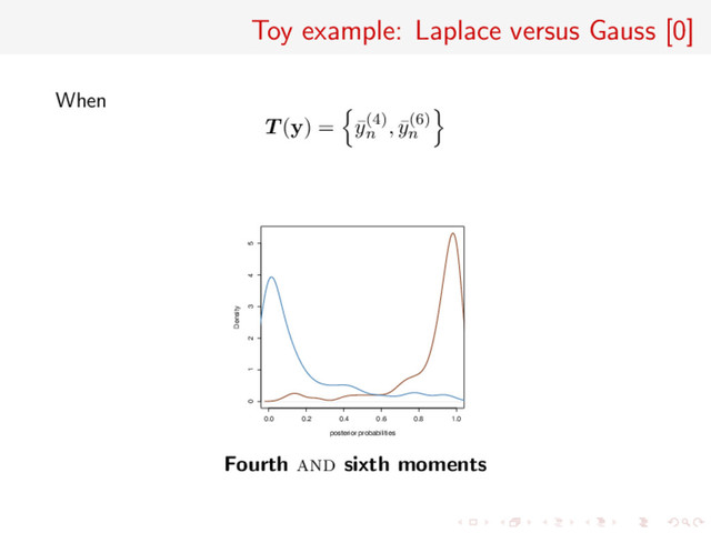 Toy example: Laplace versus Gauss [0]
When
T (y) = ¯
y(4)
n
, ¯
y(6)
n
0.0 0.2 0.4 0.6 0.8 1.0
0 1 2 3 4 5
posterior probabilities
Density
Fourth and sixth moments
