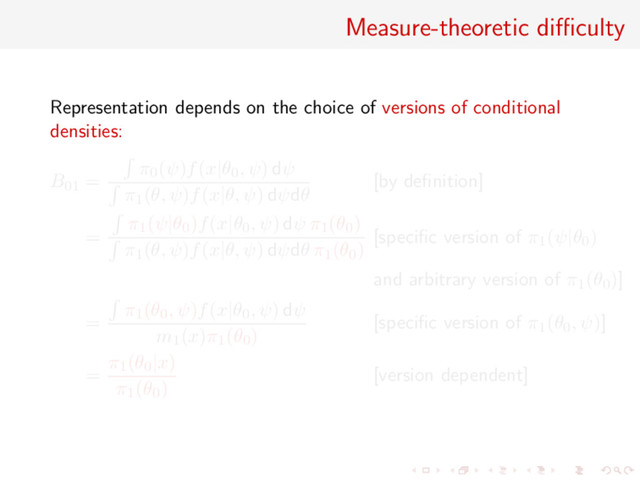 Measure-theoretic diﬃculty
Representation depends on the choice of versions of conditional
densities:
B01 =
π0(ψ)f(x|θ0, ψ) dψ
π1(θ, ψ)f(x|θ, ψ) dψdθ
[by deﬁnition]
=
π1(ψ|θ0)f(x|θ0, ψ) dψ π1(θ0)
π1(θ, ψ)f(x|θ, ψ) dψdθ π1(θ0)
[speciﬁc version of π1(ψ|θ0)
and arbitrary version of π1(θ0)]
=
π1(θ0, ψ)f(x|θ0, ψ) dψ
m1(x)π1(θ0)
[speciﬁc version of π1(θ0, ψ)]
=
π1(θ0|x)
π1(θ0)
[version dependent]
