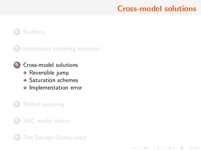 Cross-model solutions
1 Evidence
2 Importance sampling solutions
3 Cross-model solutions
Reversible jump
Saturation schemes
Implementation error
4 Nested sampling
5 ABC model choice
6 The Savage–Dickey ratio
