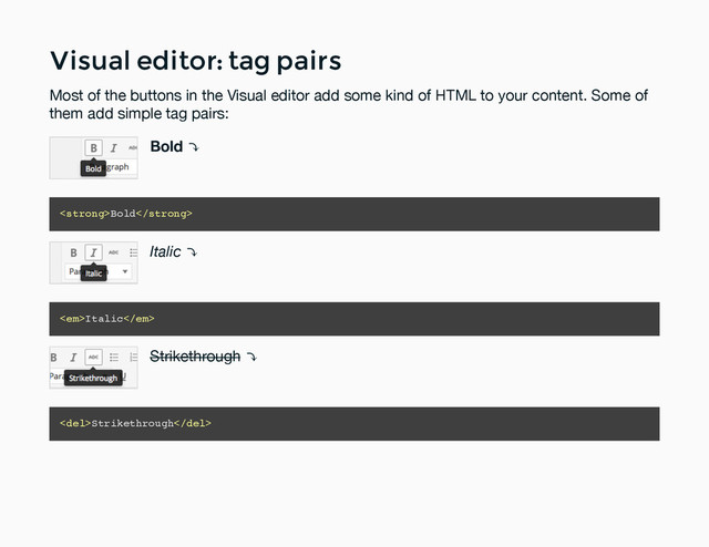 Visual editor: tag pairs
Visual editor: tag pairs
Most of the buttons in the Visual editor add some kind of HTML to your content. Some of
them add simple tag pairs:
Bold ⤵
<strong>Bold</strong>
Italic ⤵
<em>Italic</em>
Strikethrough ⤵
<del>Strikethrough</del>
