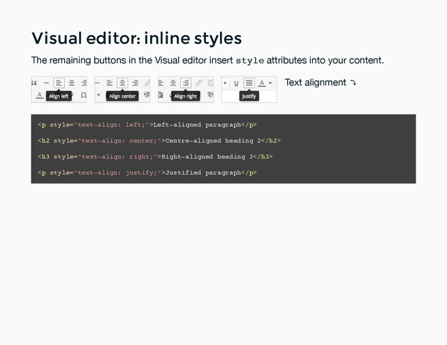 Visual editor: inline styles
Visual editor: inline styles
The remaining buttons in the Visual editor insert style attributes into your content.
Text alignment ⤵
<p>Left-aligned paragraph</p>
<h2>Centre-aligned heading 2</h2>
<h3>Right-aligned heading 3</h3>
<p>Justified paragraph</p>
