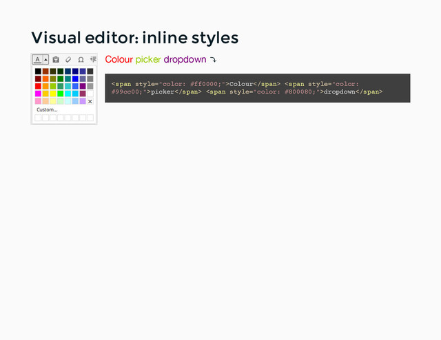 Visual editor: inline styles
Visual editor: inline styles
Colour picker dropdown ⤵
<span>Colour</span> <span>picker</span> <span>dropdown</span>
