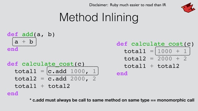 Method Inlining
def add(a, b)
a + b
end
def calculate_cost(c)
total1 = c.add 1000, 1
total2 = c.add 2000, 2
total1 + total2
end
def calculate_cost(c)
total1 = 1000 + 1
total2 = 2000 + 2
total1 + total2
end
Disclaimer: Ruby much easier to read than IR
* c.add must always be call to same method on same type == monomorphic call
