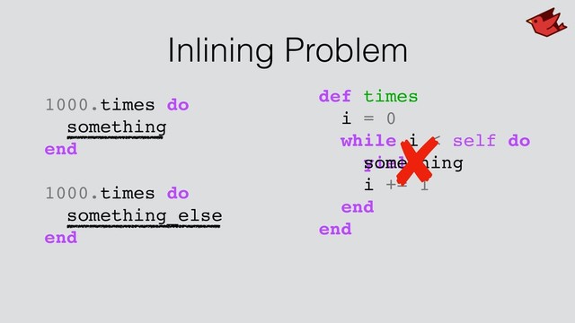Inlining Problem
1000.times do
something
end
1000.times do
something_else
end
def times
i = 0
while i < self do
yield i
i += 1
end
end
def times
i = 0
while i < self do
something
i += 1
end
end
