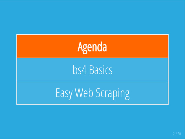Agenda
bs4 Basics
Easy Web Scraping
2 / 20

