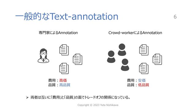 ⼀般的なText-annotation
専⾨家によるAnnotation Crowd-workerによるAnnotation
費⽤︓安価
品質︓低品質
費⽤︓⾼価
品質︓⾼品質
Copyright © 2023 Yuta Nishikawa
6
Ø 両者は互いに「費⽤」と「品質」の⾯でトレードオフの関係になっている。
