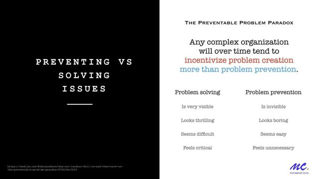 P R E V E N T I N G V S
S O L V I N G
I S S U E S
https://medium.com/@shreyashere/why-our-leaders-fail-us-and-then-save-us-
the-preventable-problem-paradox-872614ec3293
