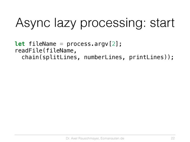 Dr. Axel Rauschmayer, Ecmanauten.de
Async lazy processing: start
let fileName = process.argv[2];
readFile(fileName,
chain(splitLines, numberLines, printLines));
22
