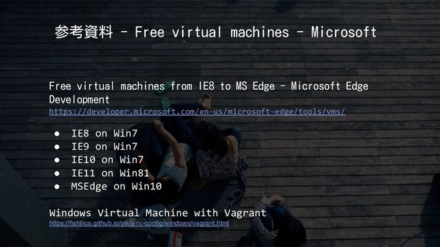 参考資料 - Free virtual machines - Microsoft
Free virtual machines from IE8 to MS Edge - Microsoft Edge
Development
https://developer.microsoft.com/en-us/microsoft-edge/tools/vms/
● IE8 on Win7
● IE9 on Win7
● IE10 on Win7
● IE11 on Win81
● MSEdge on Win10
Windows Virtual Machine with Vagrant
https://fishilico.github.io/generic-config/windows/vagrant.html
