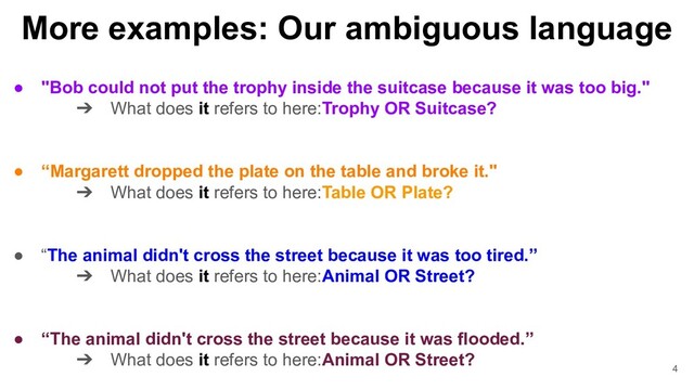 ● "Bob could not put the trophy inside the suitcase because it was too big."
➔ What does it refers to here:Trophy OR Suitcase?
● “Margarett dropped the plate on the table and broke it."
➔ What does it refers to here:Table OR Plate?
● “The animal didn't cross the street because it was too tired.”
➔ What does it refers to here:Animal OR Street?
● “The animal didn't cross the street because it was flooded.”
➔ What does it refers to here:Animal OR Street?
4
More examples: Our ambiguous language
