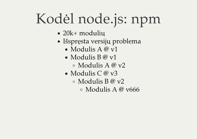 Kodėl node.js: npm
20k+ modulių
Išspręsta versijų problema
Modulis A @ v1
Modulis B @ v1
Modulis A @ v2
Modulis C @ v3
Modulis B @ v2
Modulis A @ v666
