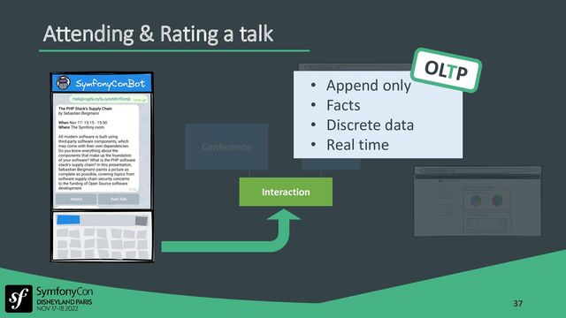 37
Attending & Rating a talk
Interaction
Conference User
• Append only
• Facts
• Discrete data
• Real time
