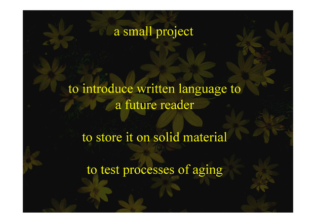 a small project
s p ojec
t i t d itt l t
to introduce written language to
a future reader
to store it on solid material
to store it on solid material
to test processes of aging
