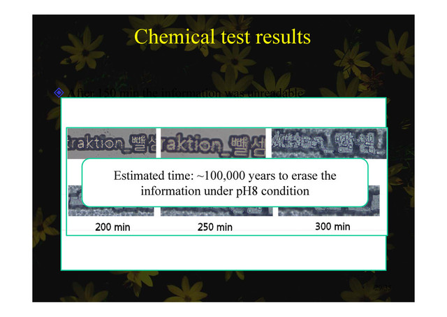 Chemical test results
After 150 min the information was unreadable
Estimated time: ~100,000 years to erase the
information under pH8 condition
information under pH8 condition
29/35

