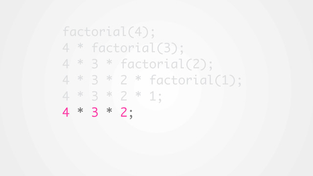 factorial(4);
4 * factorial(3);
4 * 3 * factorial(2);
4 * 3 * 2 * factorial(1);
4 * 3 * 2 * 1;
4 * 3 * 2;
