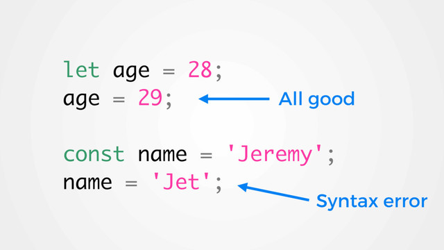 All good
let age = 28;
age = 29;
const name = 'Jeremy';
name = 'Jet';
Syntax error
