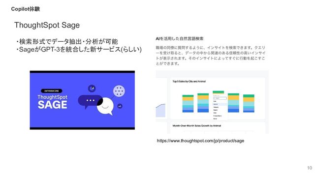 10
Copilot体験
ThoughtSpot Sage
https://www.thoughtspot.com/jp/product/sage
・検索形式でデータ抽出・分析が可能
・SageがGPT-3を統合した新サービス(らしい)
