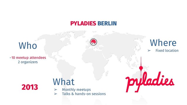 PYLADIES BERLIN
2013
Who
~10 meetup attendees
2 organizers
Where
➢ Fixed location
What
➢ Monthly meetups
➢ Talks & hands-on sessions
