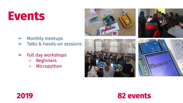 ➢ Monthly meetups
➢ Talks & hands-on sessions
➢ Full day workshops
○ Beginners
○ Micropython
2019 82 events
Events
