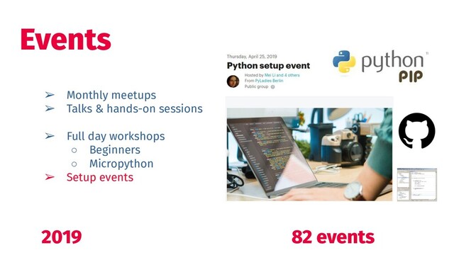➢ Monthly meetups
➢ Talks & hands-on sessions
➢ Full day workshops
○ Beginners
○ Micropython
➢ Setup events
2019 82 events
Events
