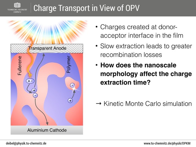 www.tu-chemnitz.de/physik/OPKM
deibel@physik.tu-chemnitz.de
Charge Transport in View of OPV
• Charges created at donor-
acceptor interface in the film
• Slow extraction leads to greater
recombination losses
• How does the nanoscale
morphology affect the charge
extraction time?
→ Kinetic Monte Carlo simulation
Fullerene
Aluminium Cathode
Transparent Anode
Polymer
