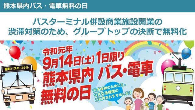 57
熊本県内バス・電車無料の日
57
バスターミナル併設商業施設開業の
渋滞対策のため、グループトップの決断で無料化
