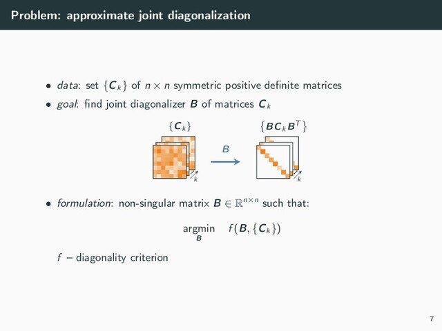 Problem: approximate joint diagonalization
• data: set {Ck
} of n × n symmetric positive deﬁnite matrices
• goal: ﬁnd joint diagonalizer B of matrices Ck
{Ck }
···
k
B
BCk BT
···
k
• formulation: non-singular matrix B ∈ Rn×n such that:
argmin
B
f (B, {Ck
})
f – diagonality criterion
7
