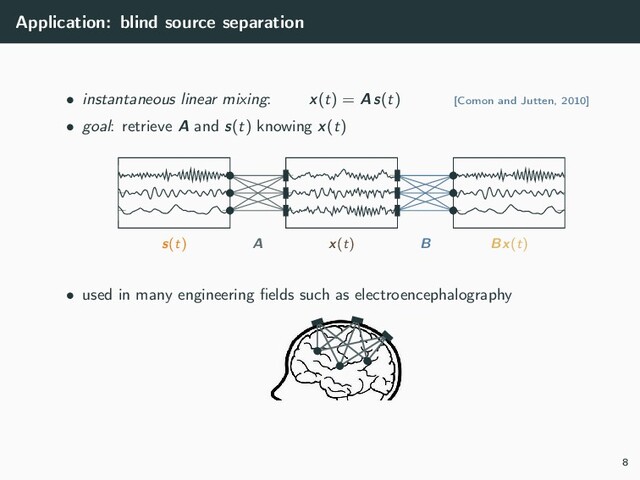 Application: blind source separation
• instantaneous linear mixing: x(t) = A s(t) [Comon and Jutten, 2010]
• goal: retrieve A and s(t) knowing x(t)
s(t) x(t)
A Bx(t)
B
• used in many engineering ﬁelds such as electroencephalography
8
