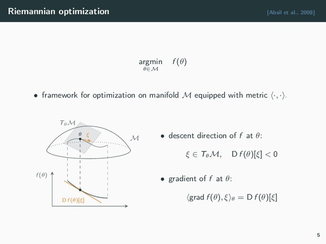 Riemannian optimization [Absil et al., 2008]
argmin
θ∈M
f (θ)
• framework for optimization on manifold M equipped with metric ·, · ·
M
TθM
ξ
•
θ
f (θ)
D f (θ)[ξ]
• descent direction of f at θ:
ξ ∈ Tθ
M, D f (θ)[ξ] < 0
• gradient of f at θ:
grad f (θ), ξ θ
= D f (θ)[ξ]
5
