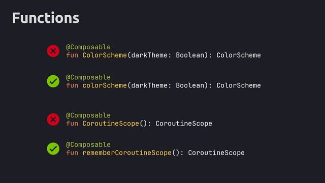 Functions
@Composable
fun ColorScheme(darkTheme: Boolean): ColorScheme
@Composable
fun colorScheme(darkTheme: Boolean): ColorScheme
@Composable
fun rememberCoroutineScope(): CoroutineScope
@Composable
fun CoroutineScope(): CoroutineScope
