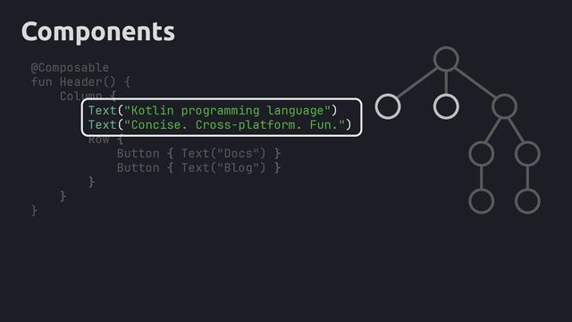 Components
@Composable
fun Header() {
Column {
Row {
Button { Text("Docs") }
Button { Text("Blog") }
}
}
}
Text("Kotlin programming language")
Text("Concise. Cross-platform. Fun.")
