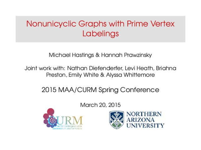 Nonunicyclic Graphs with Prime Vertex
Labelings
Michael Hastings & Hannah Prawzinsky
Joint work with: Nathan Diefenderfer, Levi Heath, Briahna
Preston, Emily White & Alyssa Whittemore
2015 MAA/CURM Spring Conference
March 20, 2015
