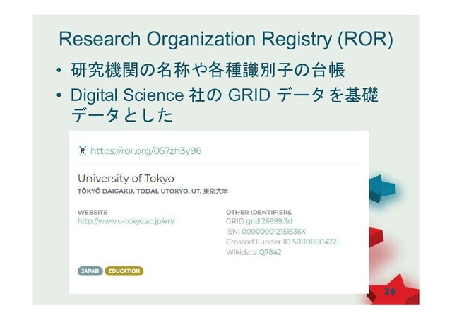 Research Organization Registry (ROR)
• 研究機関の名称や各種識別子の台帳
• Digital Science 社の GRID データを基礎
データとした
26
