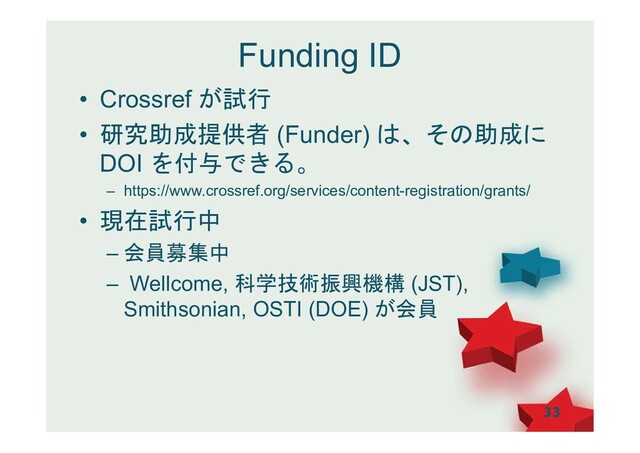 Funding ID
• Crossref が試行
• 研究助成提供者 (Funder) は、その助成に
DOI を付与できる。
– https://www.crossref.org/services/content-registration/grants/
• 現在試行中
– 会員募集中
– Wellcome, 科学技術振興機構 (JST),
Smithsonian, OSTI (DOE) が会員
33
