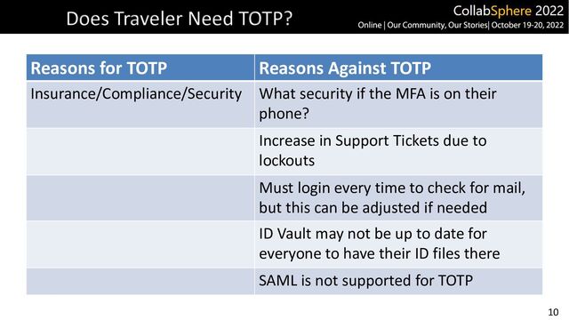 10
Does Traveler Need TOTP?
Reasons for TOTP Reasons Against TOTP
Insurance/Compliance/Security What security if the MFA is on their
phone?
Increase in Support Tickets due to
lockouts
Must login every time to check for mail,
but this can be adjusted if needed
ID Vault may not be up to date for
everyone to have their ID files there
SAML is not supported for TOTP
