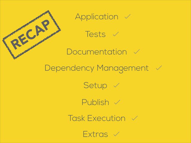 RECAP
Documentation
Tests
Application
Dependency Management
Setup
Task Execution
Extras
Publish
