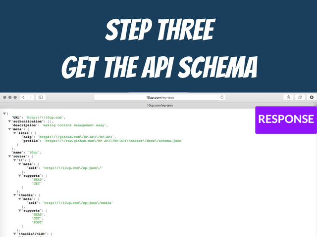 STEP THREE

GET the API ScHEMA
http://example.com/wp-json/
