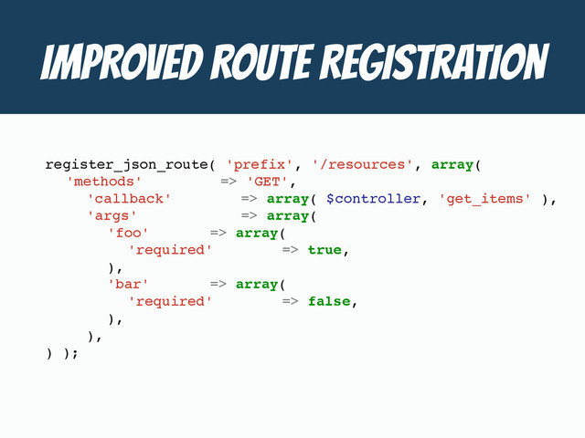 IMPROVED ROUTE Registration
register_json_route( 'prefix', '/resources', array(
'methods' => 'GET',
'callback' => array( $controller, 'get_items' ),
'args' => array(
'foo' => array(
'required' => true,
),
'bar' => array(
'required' => false,
),
),
) );
