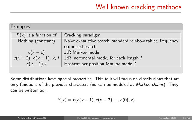 Well known cracking methods
Examples
P(x) is a function of Cracking paradigm
Nothing (constant) Naive exhaustive search, standard rainbow tables, frequency
optimized search
c(x − 1) JtR Markov mode
c(x − 2), c(x − 1), x, l JtR incremental mode, for each length l
c(x − 1),x Hashcat per position Markov mode ?
Some distributions have special properties. This talk will focus on distributions that are
only functions of the previous characters (ie. can be modeled as Markov chains). They
can be written as :
P(x) = f (c(x − 1), c(x − 2), ..., c(0), x)
S. Marechal (Openwall) Probabilistic password generators December 2012 5 / 34
